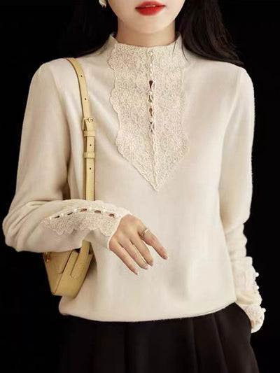 Olivia Retro Turtleneck Hollowed Lace Knitted Sweater