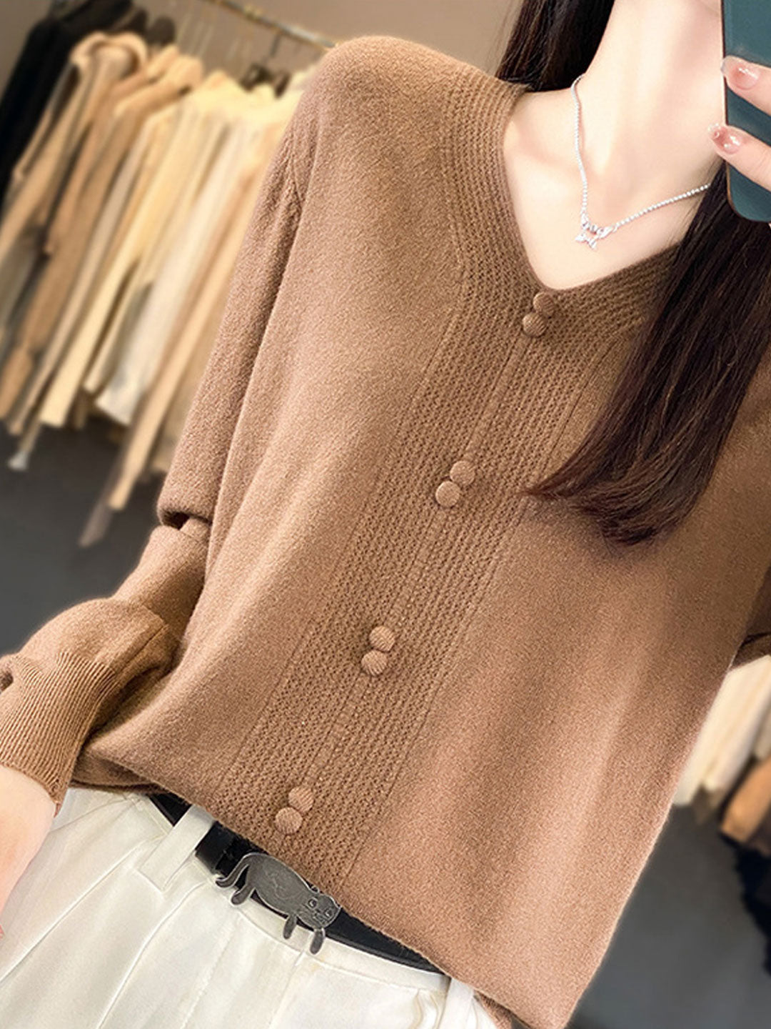 Abigail Casual V-neck Loose Knitted Sweater-Brown