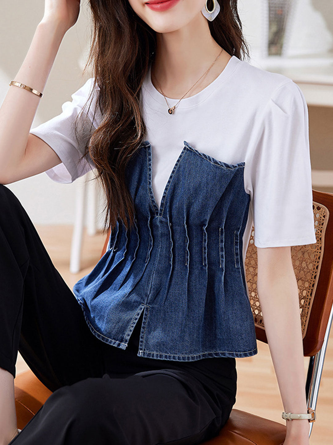 Hannah Retro Denim Patchwork Top