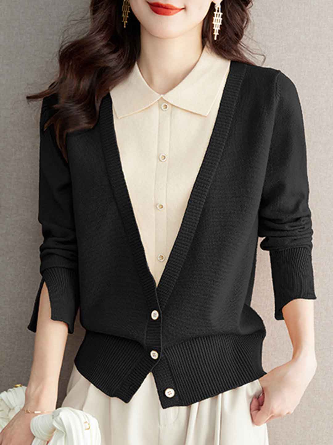 Maria Casual Lapel Mock Two-Piece Knitted Top