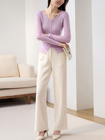 Emma Elegant V-Neck Solid Color Slim Knitted Top
