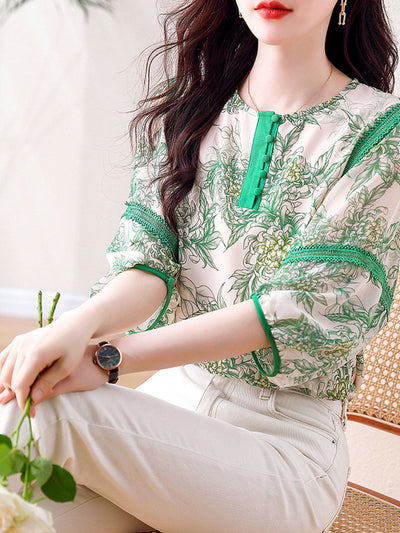 Grace Loose Crew Neck Buttoned Printed Chiffon Blouse