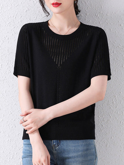 Sophie Loose Crew Neck Hollow Knitted Top-Blue