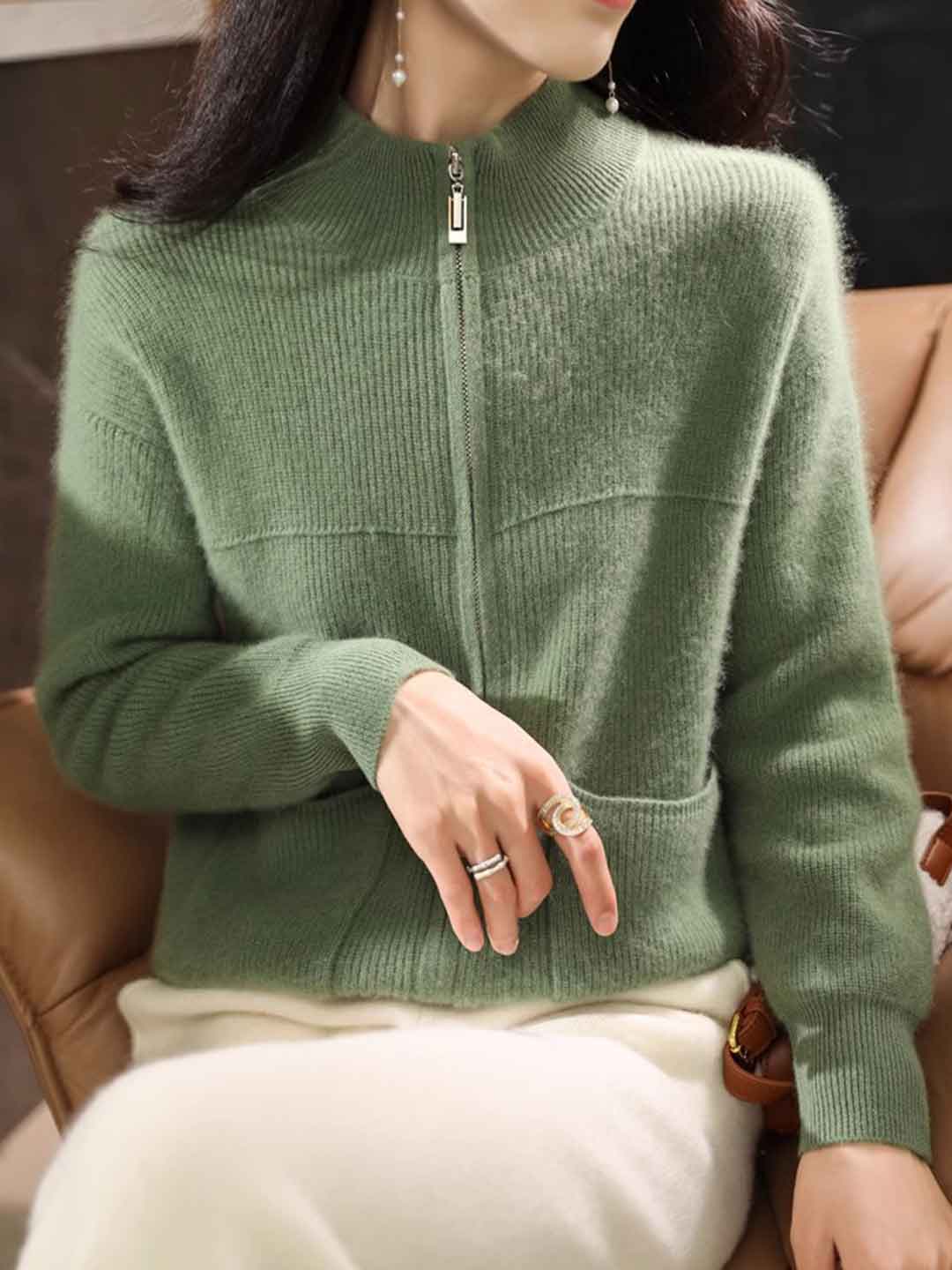 Hannah Loose Turtleneck Zippered Knitted Cardigan