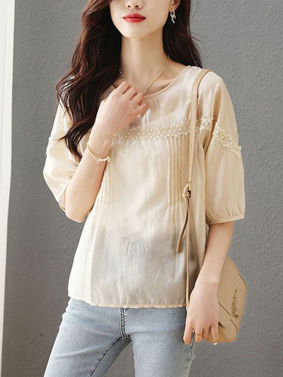 Audrey Loose Puff Sleeve Lace Hollowed Blouse