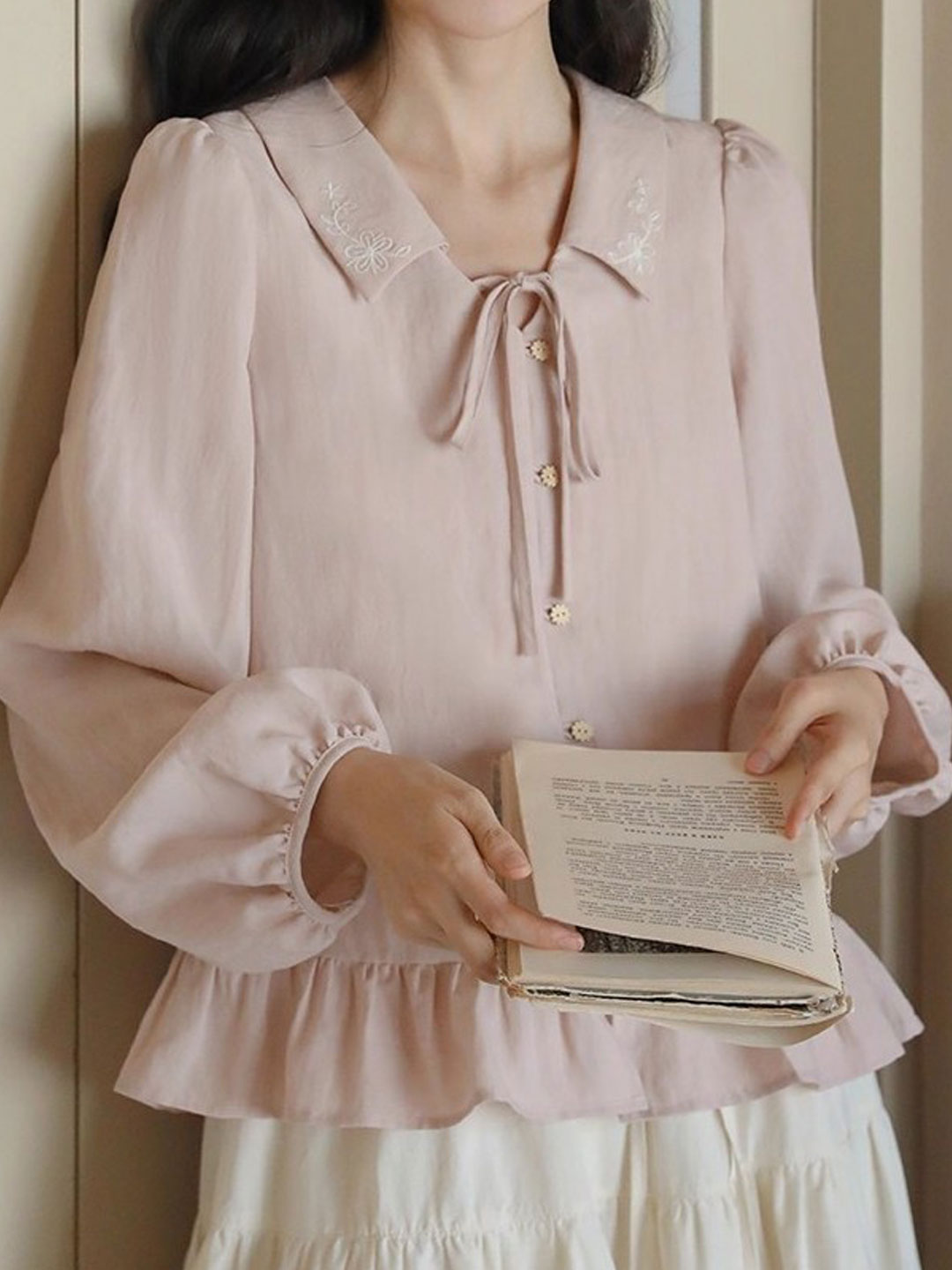 Sarah Loose Lapel Ruffle Embroidered Blouse