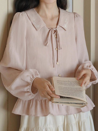 Sarah Loose Lapel Ruffle Embroidered Blouse