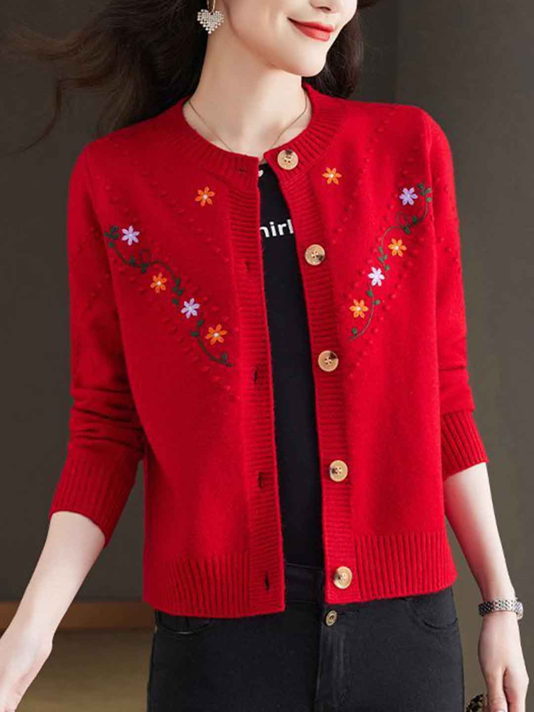 Faith Classic Crew Neck Embroidered Floral Knitted Cardigan