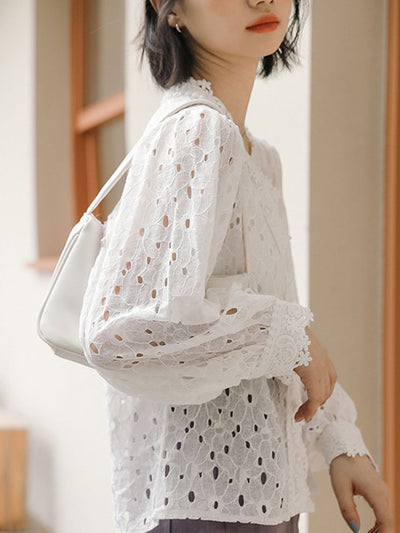 Vanessa Classic Hollowed Pearl Button Lace Blouse