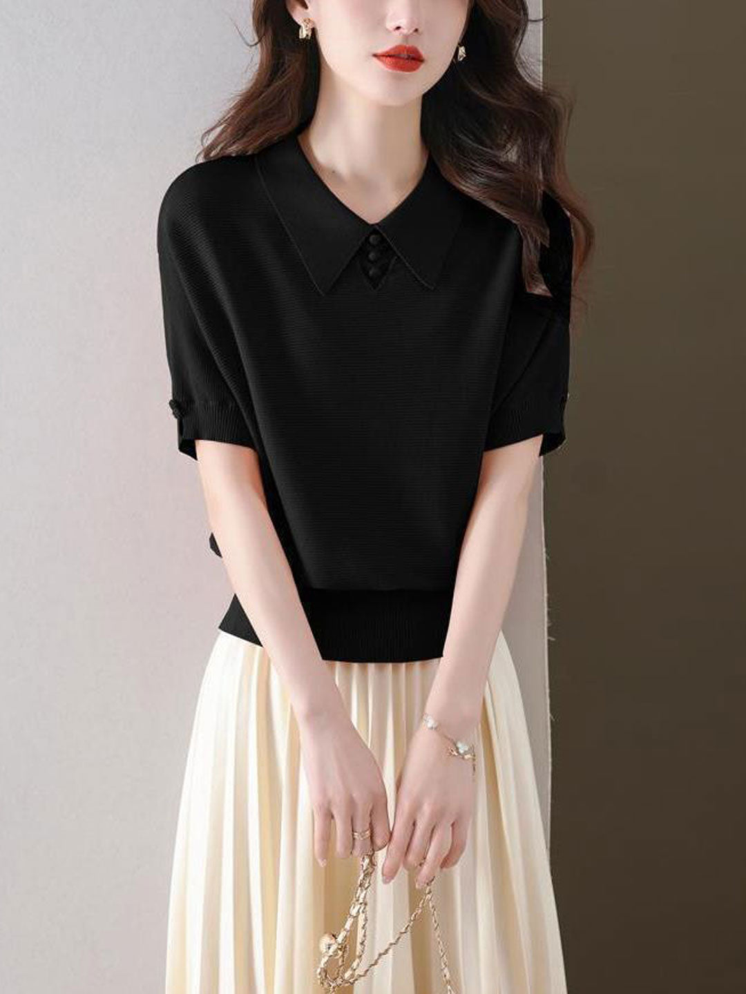 Kaitlyn Classic Polo Collar Knitted Top-Black