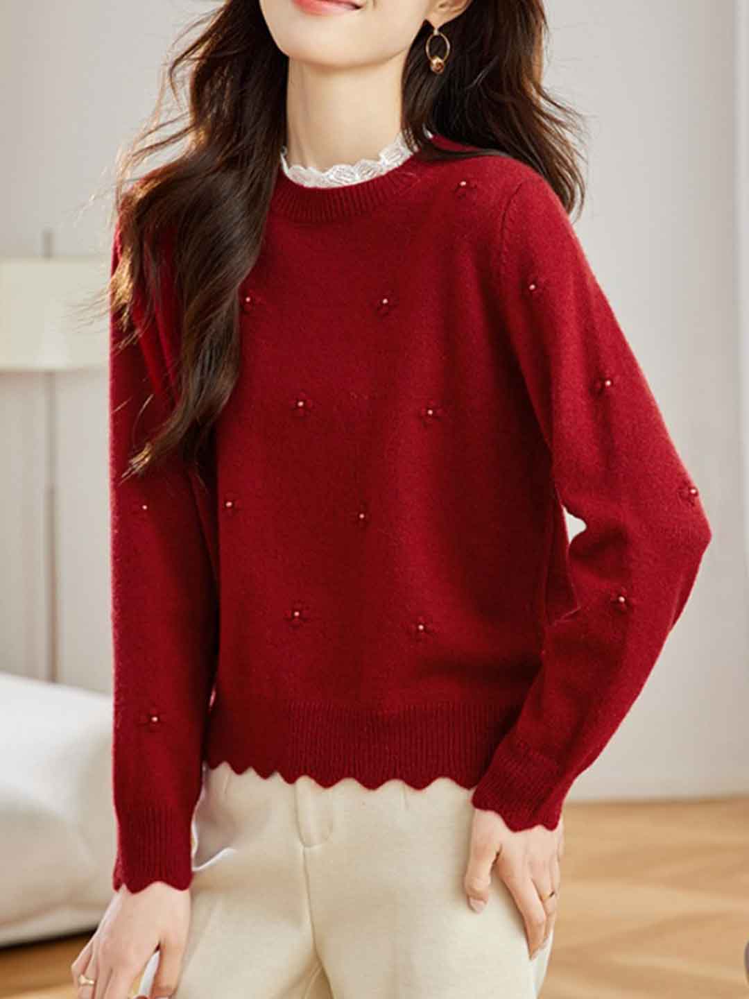 Andrea Retro Lace Crew Neck Solid Color Beaded Knitted Top