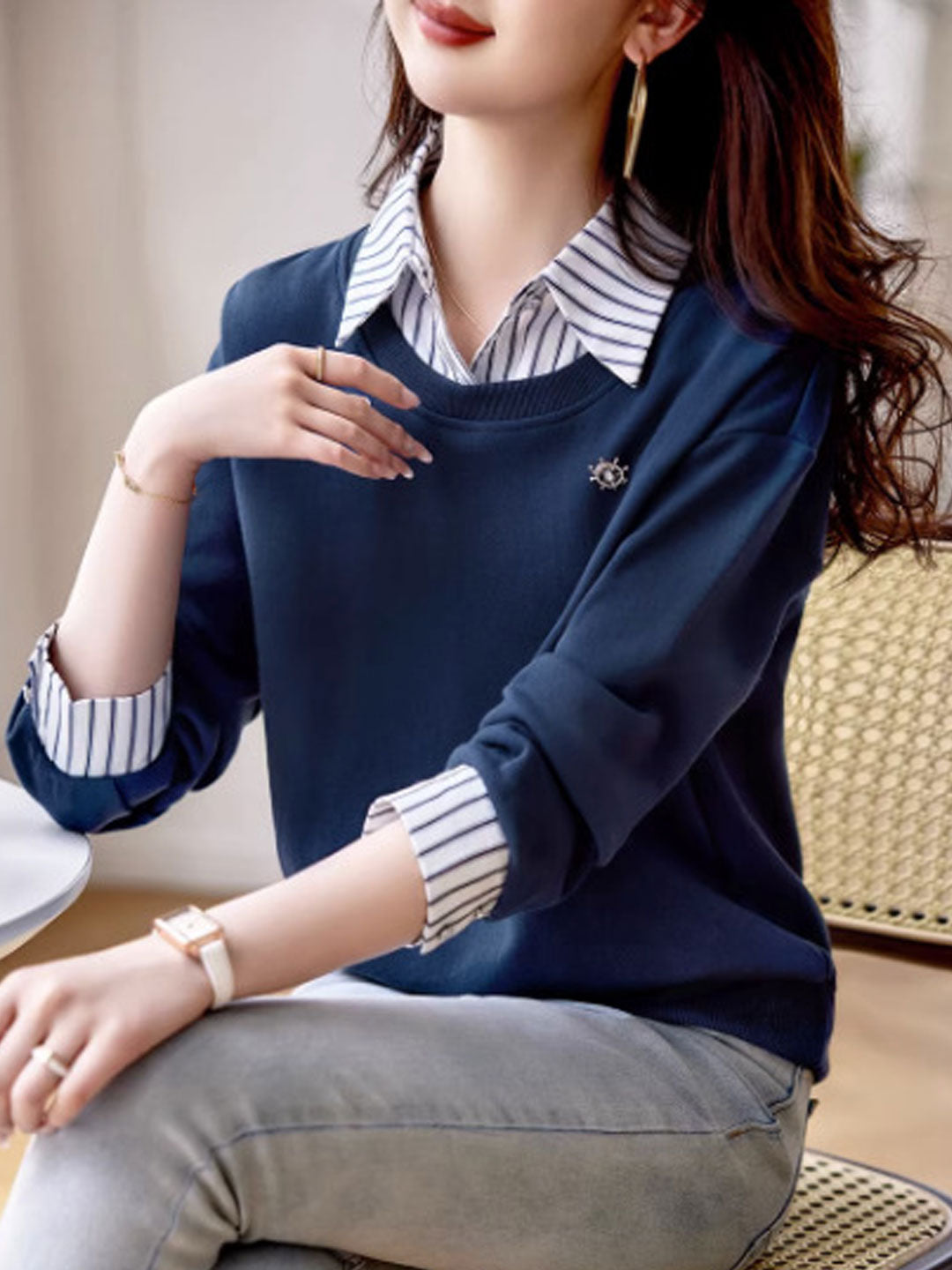 Isabella Casual Patchwork Striped Sweatshirt-Blue