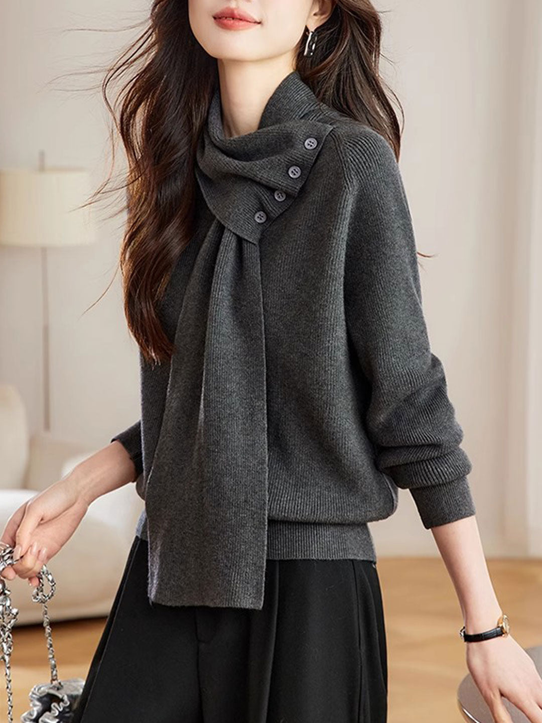 Mia Daily Detachable Scarf Knitted Sweater