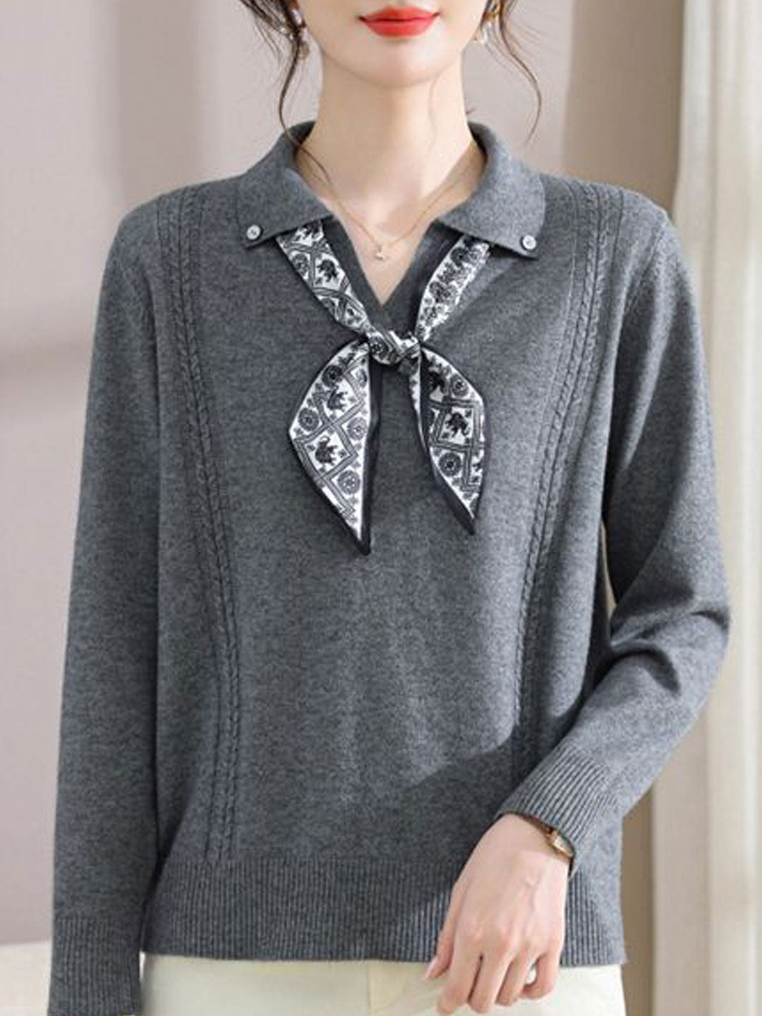 Grace Loose Lapel Scarf Pullover Knitted Top