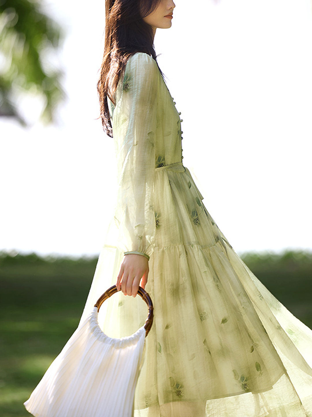 Ava Elegant Flare Sleeve Floral Printed Chiffon Dress
