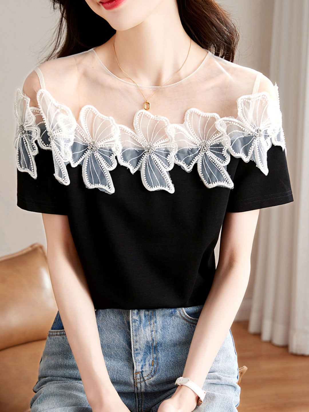 Kayla Retro Stitching Flower Chiffon Top