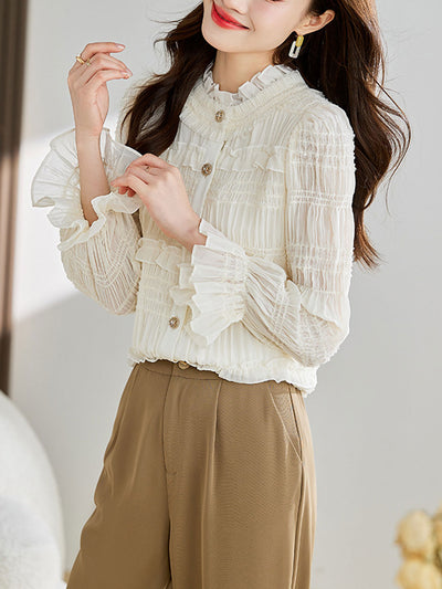 Claire Retro Auricular Jacquard Flare Sleeve Shirt