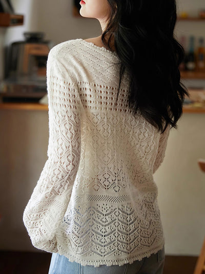 Mia Loose Crew Neck Hollowed Jacquard Knitted Top