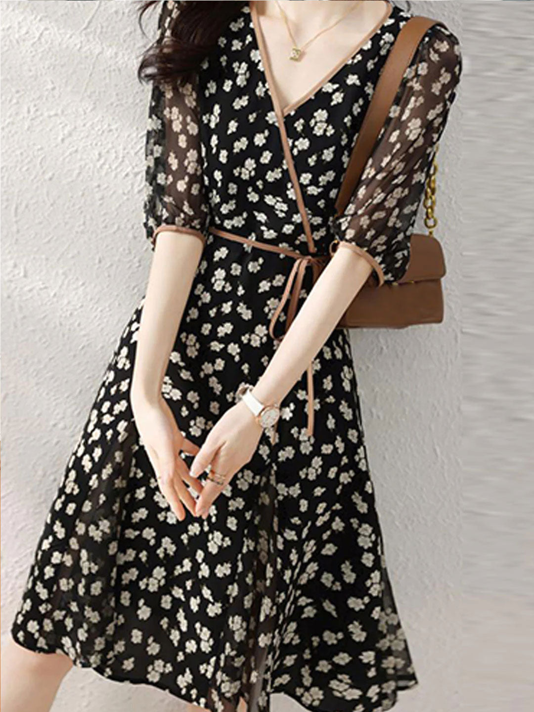 Molly Retro Floral Wrap Waisted Dress-Black Long