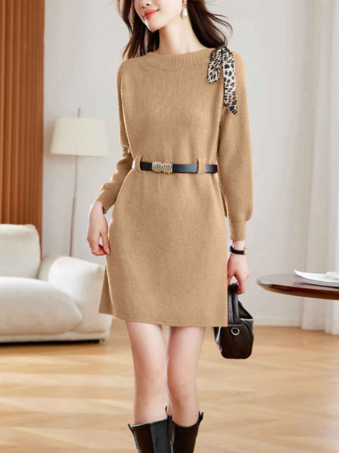 Taylor Casual Crew Neck Scarf Knitted Dress