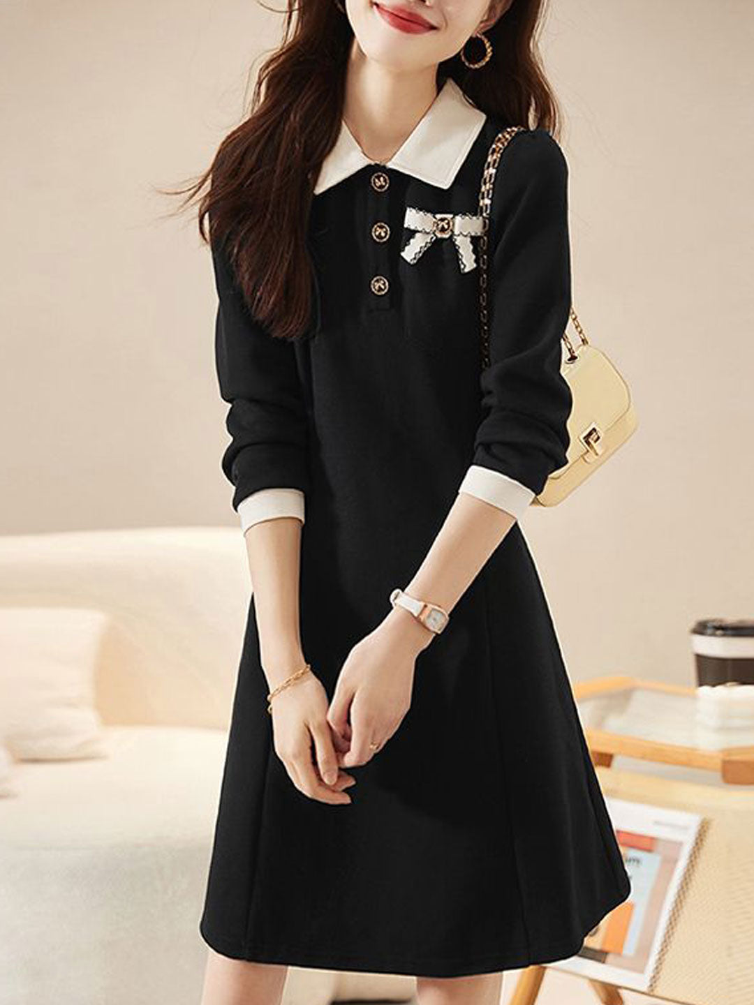 Grace Vintage Doll Collar Waist Solid Color Dress