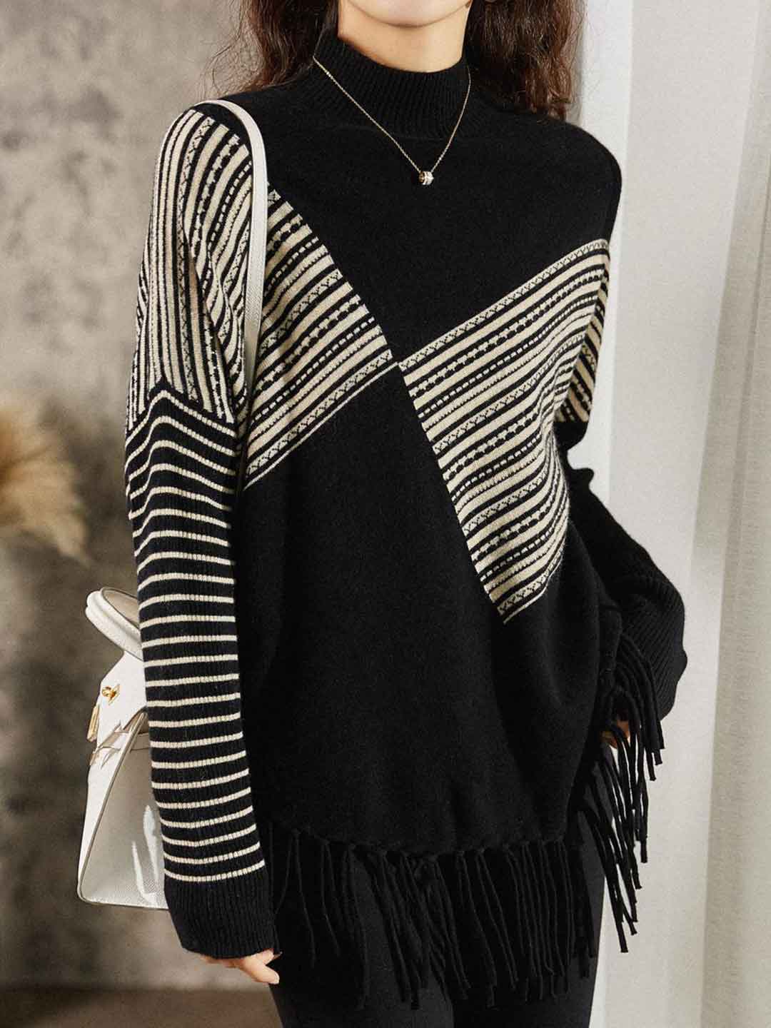 Maya Casual Bat Sleeve Turtleneck Irregular Tassel Pullover