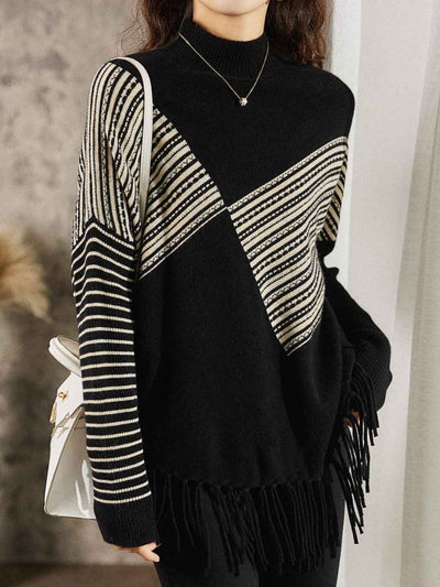 Maya Casual Bat Sleeve Turtleneck Irregular Tassel Pullover