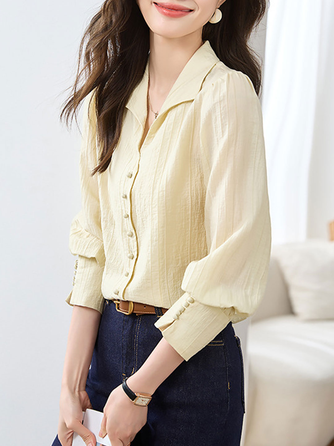 Abigail Classic V-neck Button Plain Shirt