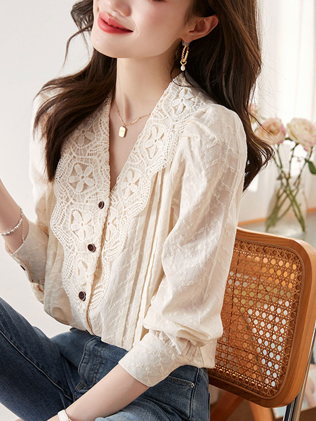 Kayla Retro Lantern Sleeve Lace Embroidered Blouse