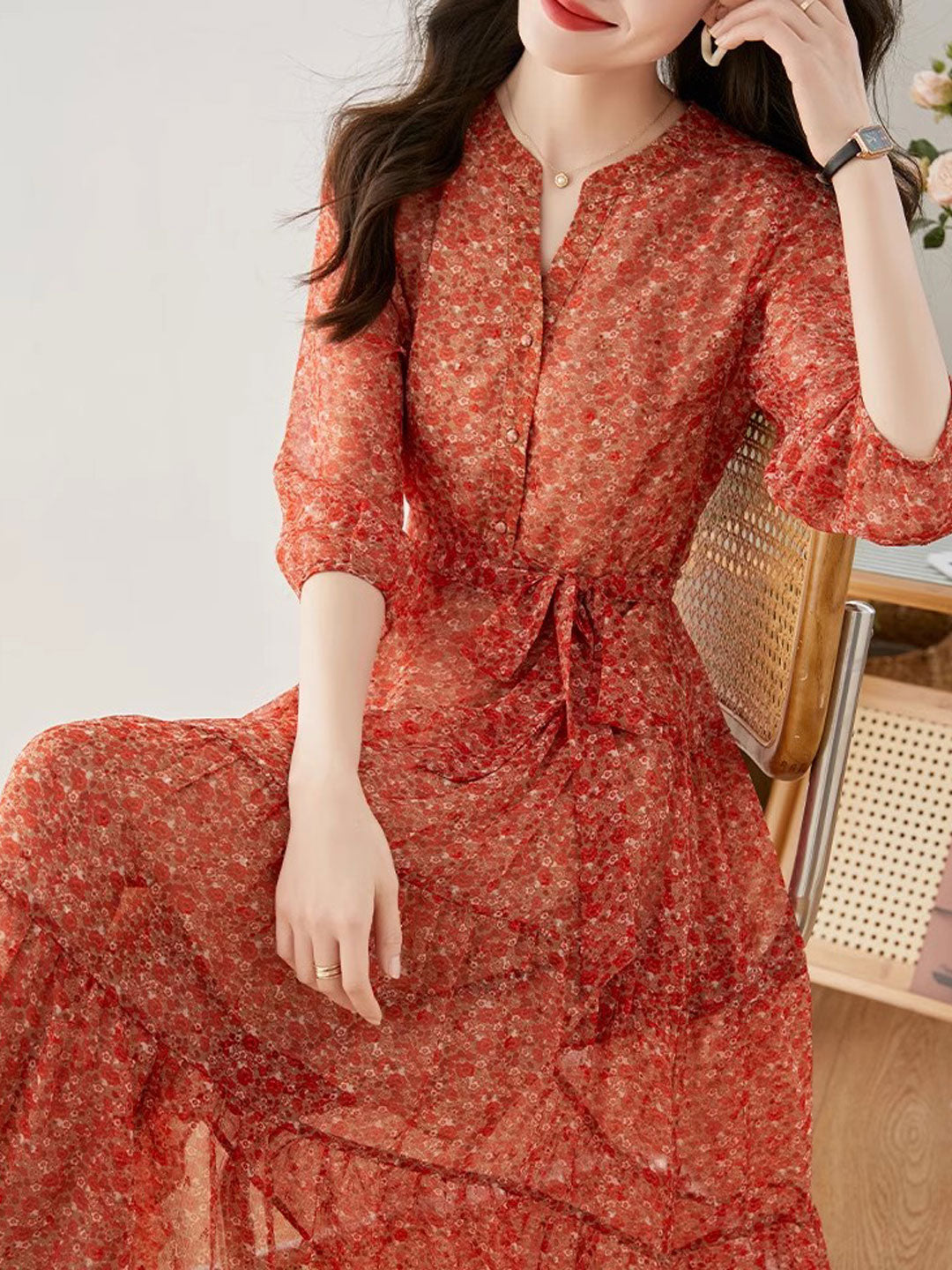 Alexis Vintage Ruffle Floral Chiffon Maxi Dress