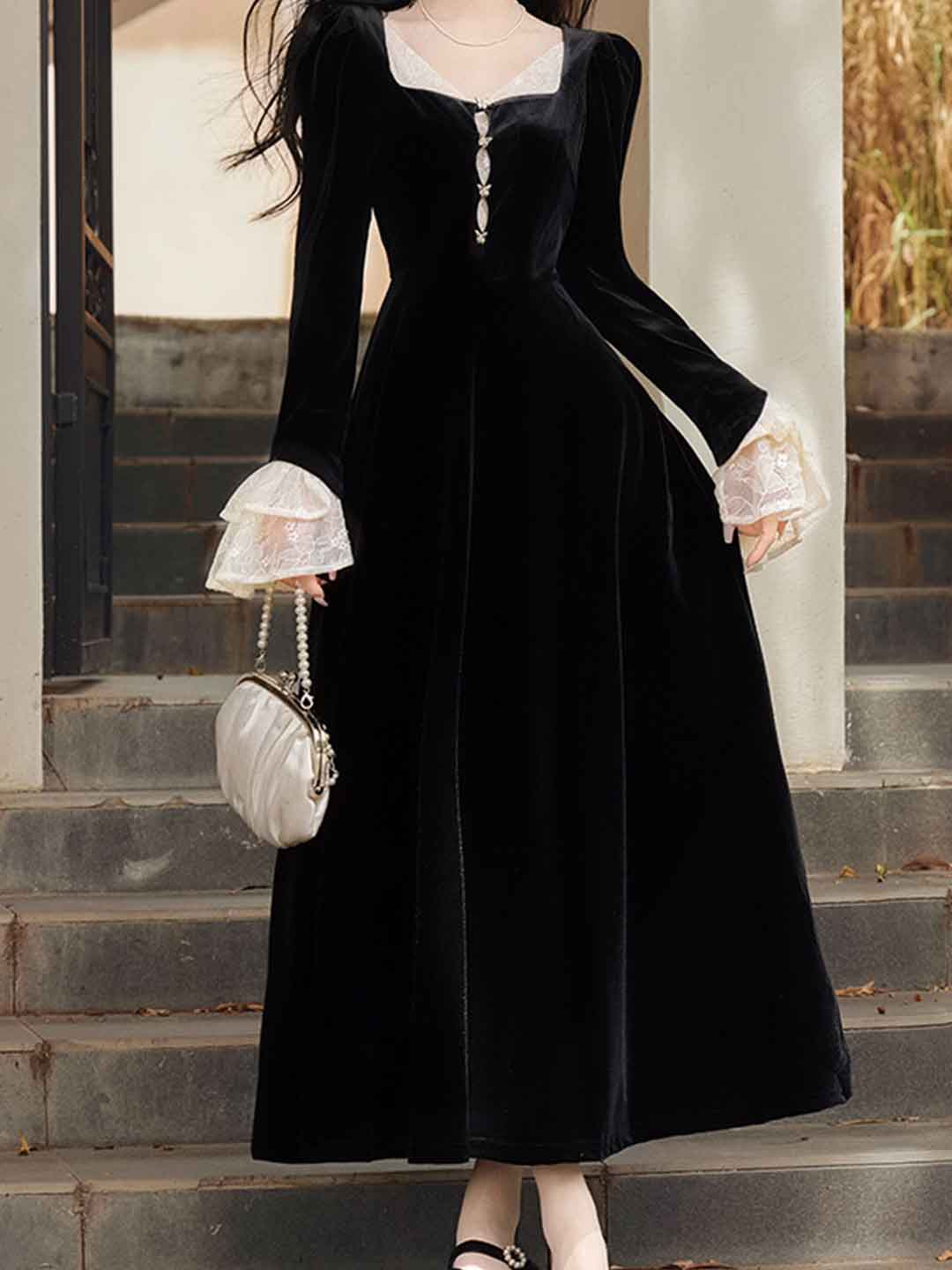 Anna Retro Square Neck Lace Sleeve Velvet Dress