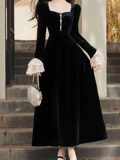 Anna Retro Square Neck Lace Sleeve Velvet Dress