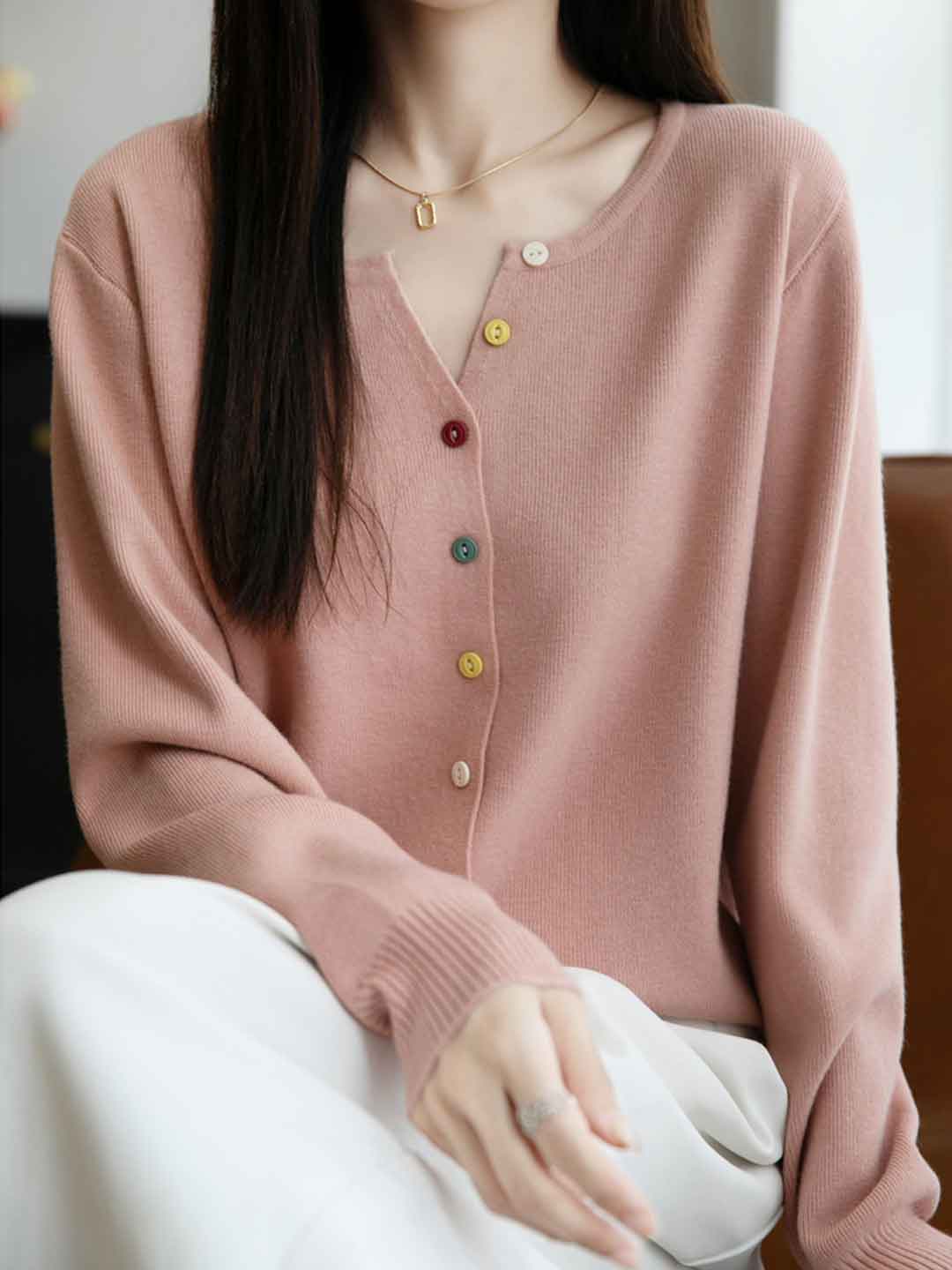 Andrea Classic Crew Neck Colorful Buttons Solid Color Knitted Cardigan