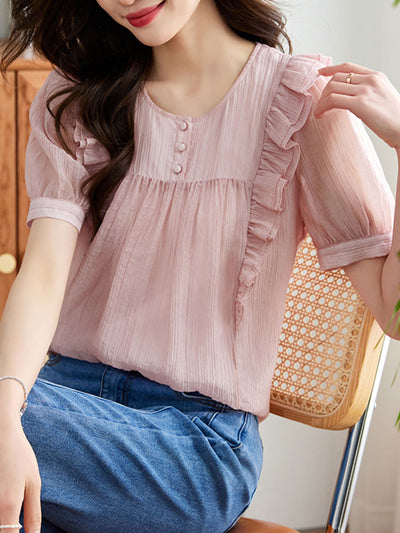 Abigail Retro Ruffle Ruched Chiffon Blouse