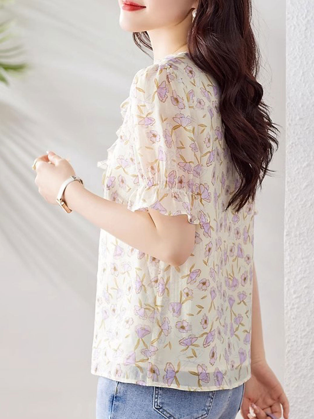 Lauren Elegant Ruffled Floral Chiffon Top