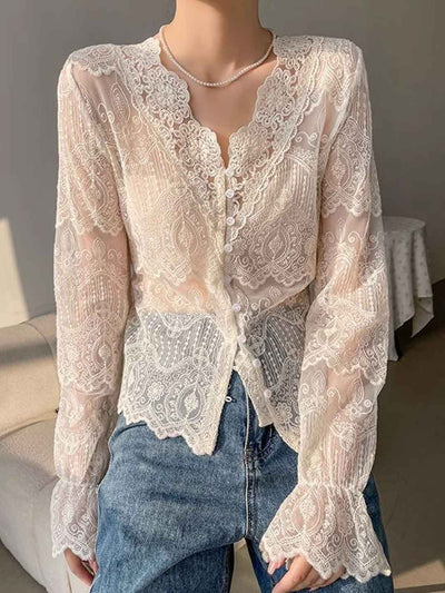 Hannah Slim V-Neck Hollowed Lace Top