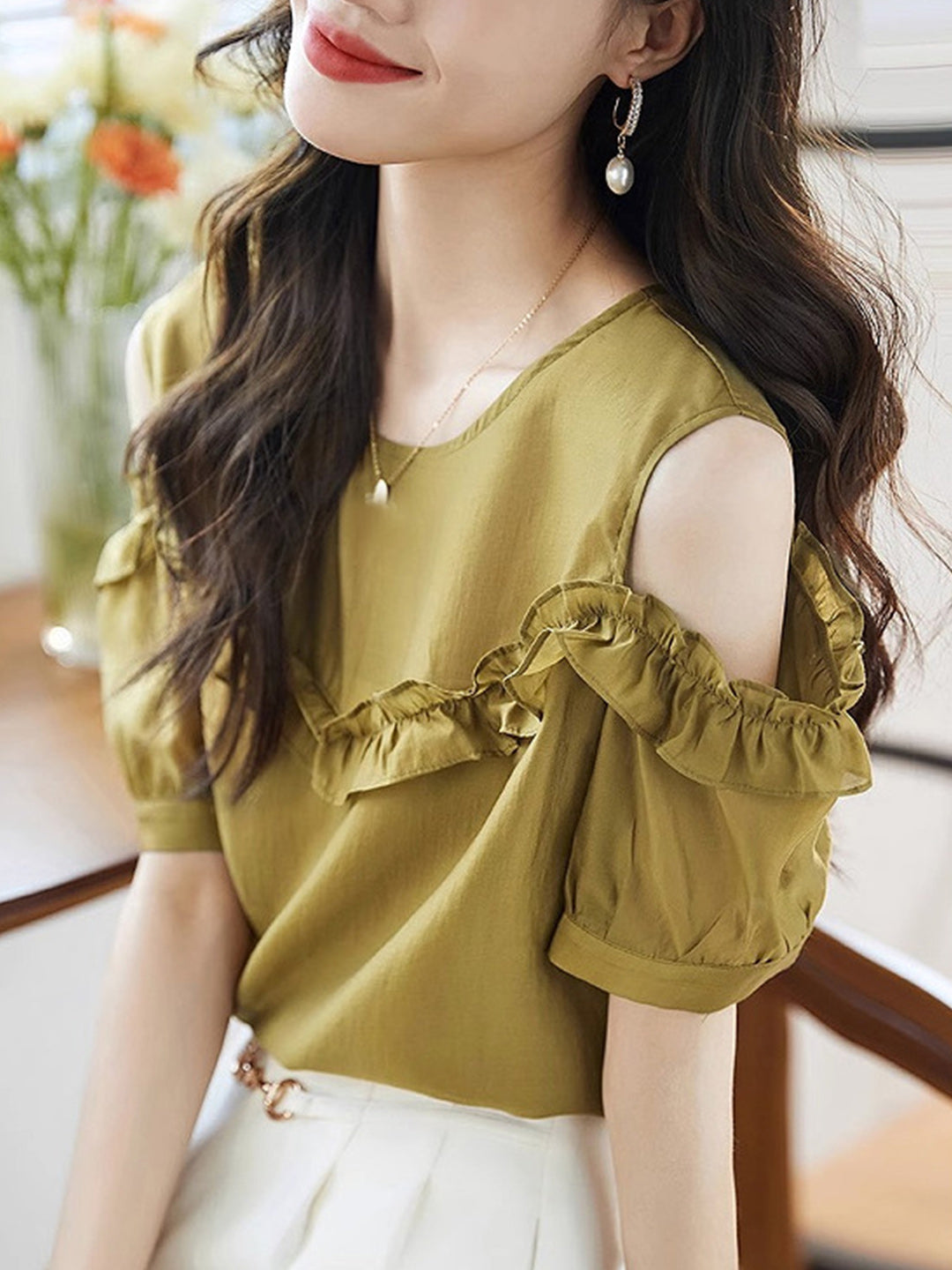 Trinity Vacation Ruffled Off Shoulder Shirt