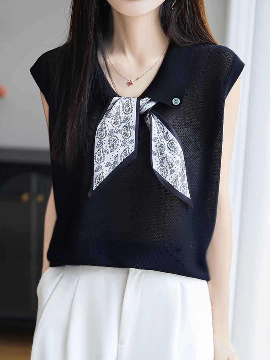 Katelyn Classic Lapel Scarf Sleeveless Knitted Top