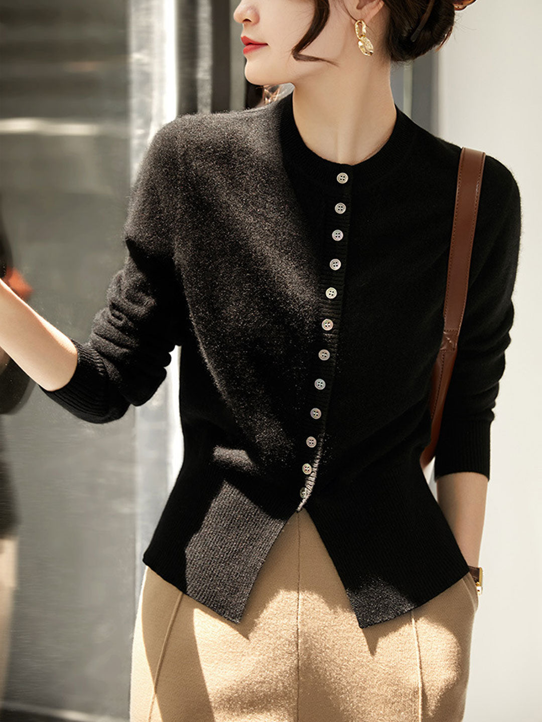 Lauren Vintage Slit Knitted Cardigan-Black