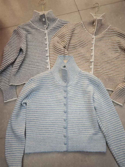 Ava Simple Lapel Striped Knitted Cardigan