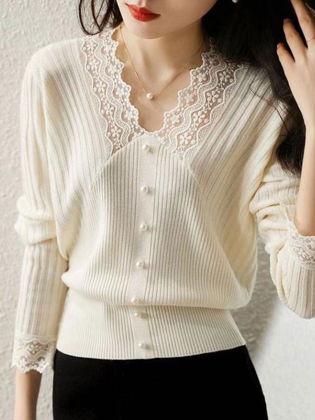 Victoria Elegant V-neck Hollowed Lace Knitted Top
