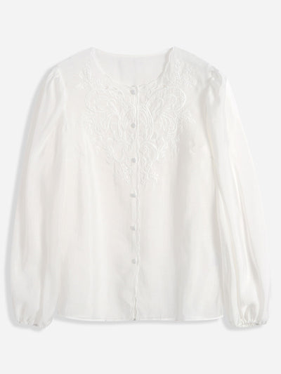 Jocelyn Elegant Embroidered Lantern Sleeve Shirt-White