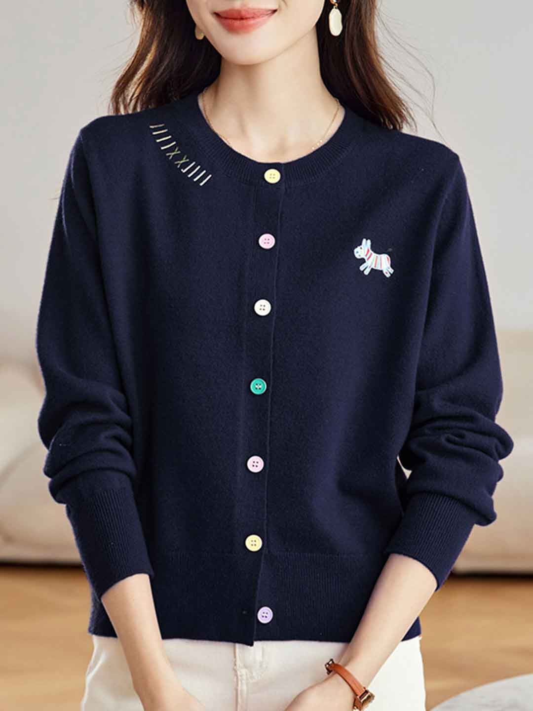 Camila Loose Embroidered Colorful Buttons Knitted Cardigan