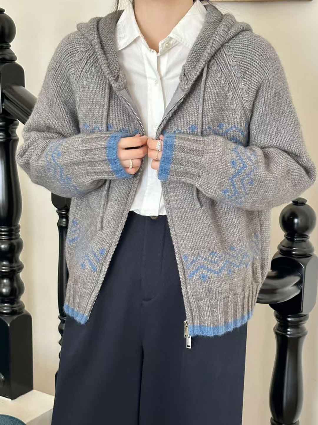 Ashley Casual Jacquard Hooded Knitted Cardigan