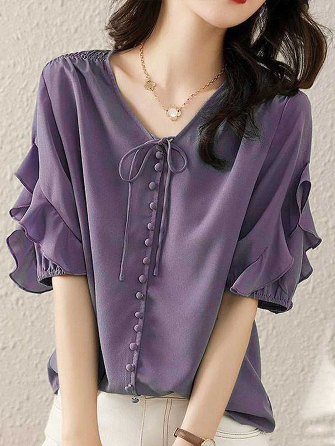 Ava Classic Ruffled Chiffon Top-Purple