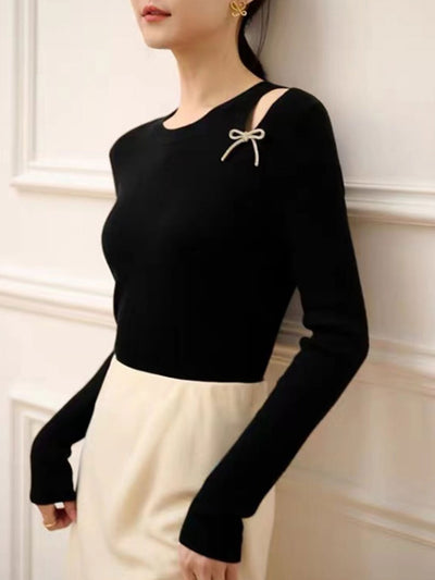 Olivia Elegant Off-Shoulder Bow Tie Knitted Sweater