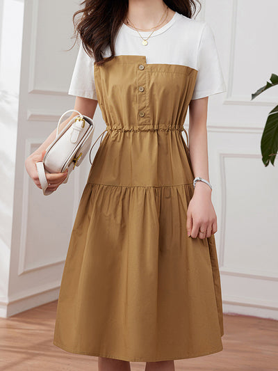 Audrey Elegant Color Block Irregular Dress-Khaki