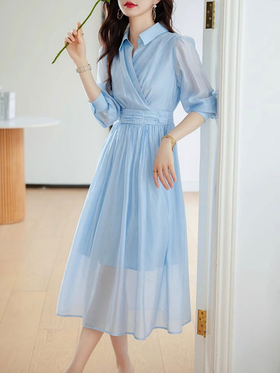 Kayla Retro Puff Sleeve Chiffon Dress-Blue