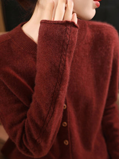 Natalie Classic Crew Neck Solid Color Knitted Cardigan-Red