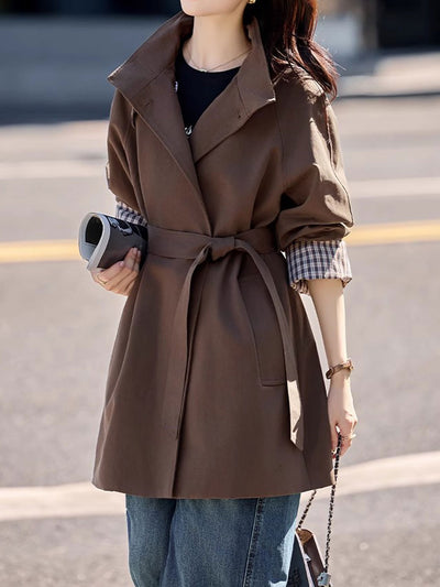 Emily Daily Suit Collar Belted Solid Color Trench Coat